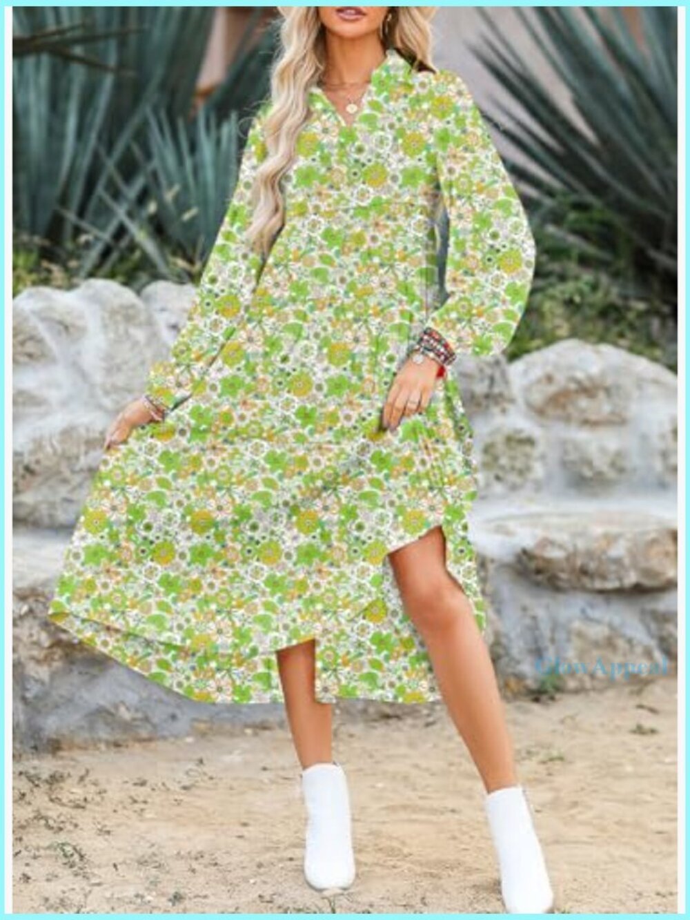 Long Sleeve V-Neck Floral Midi Dress, Bohemian Summer Beach Style - Picture 3 of 7